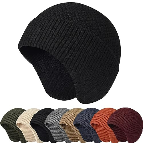 Enwokran Stickad mössa hatt varma vintermössor unisex stretchig vindtät öronlapp stickad skalle keps slouchy med öronvärmare för löpning fiske skidåkning cykling utomhussport, Svart, one size
