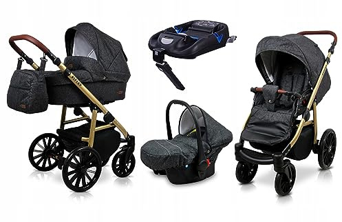 BabyLux® Kinderwagen Set 4 in 1 - Aspero - incl. Babywanne, Buggy Sportsitz, Auto-Babyschale, ISOFIX-Basisstation - Autositz - Kinderwagenset - Kombikinderwagen mit Wickeltasche usw.