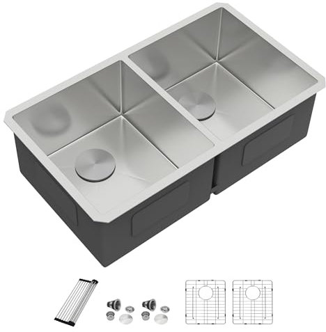 Dcolora 36 Extra Large Double Bowl Kitchen Sink Undermount 50/50 Split 16 Gauge 304 Stainless Steel Double Sinks, Round Corner 36x19x10 DC-U7740