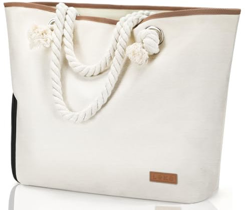 Lekespring Strandtasche Damen Groß mit Reißverschluss, Damen Shopper Badetasche XXL Familie Saunatasche Reisetasche Beach Tote Bag für Strand Reisen Einkaufen Sport u.Arbeit (Beige)