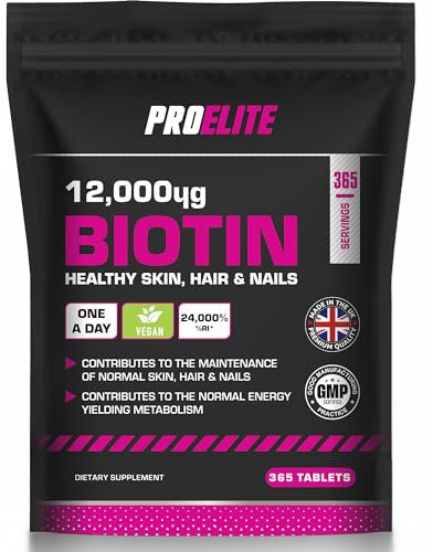 Biotin Hair Growth Supplement 12,000mcg - 365 Vegan High Strength Biotin Tablets - Hair and Nails Vitamins for Women & Men - Supports Hair, Skin & Nail Growth Vitamin B7 Tablets - PROELITE