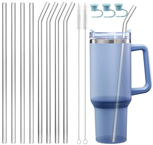Utasti Glas Strohhalm für Stanley Cup 40&30oz, enthält 8 Glasstrohhalme Lang 31cm und 3 Strohabdeckung und 2 Reinigungsbürsten, Ersatz Strohhalm Glas Kompatibel mit Stanley Adventure Quencher Tasse