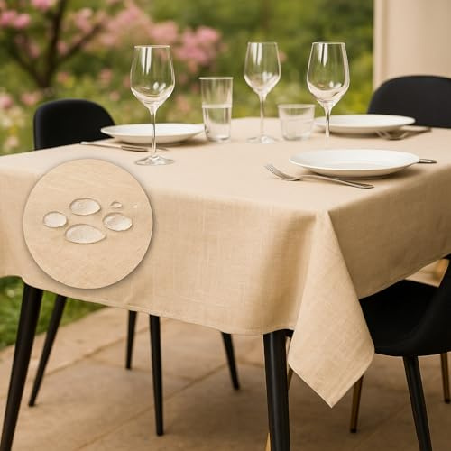 Flowen Tovaglia Antimacchia Rettangolare Impermeabile Beige 80x80 Made in Italy Tovaglie Copri Tavolo da Interno Elegante per Occasioni Natale da Tavola Giardino Esterno Poliestere Idrorepellente