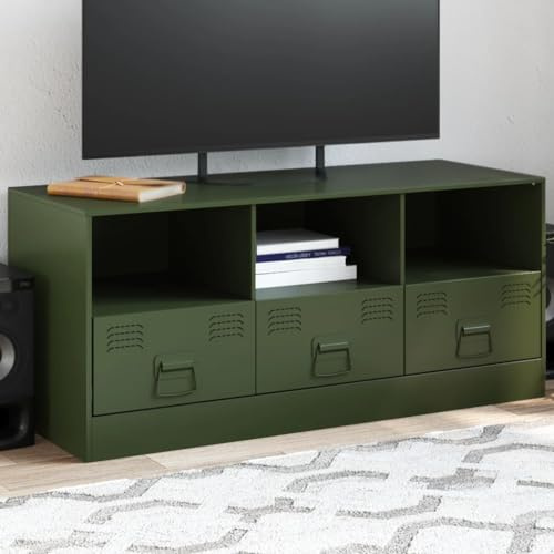 Rantry Mobile TV Verde Oliva 99x39x44 cm in Acciaio Mobili, Tavolino per TV，Mobile Porta TV Soggiorno，Mobiletto Basso per TV da Salotto Industriale Supporto TV oo