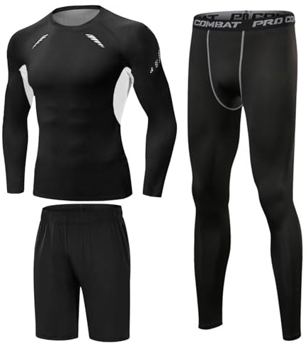 Terecey Ensemble Compression Homme 3 Pièces Tenue de Sport Homme T-Shirt Compression à Manches Longues + Legging Homme Sport + Shorts de Sport pour Running