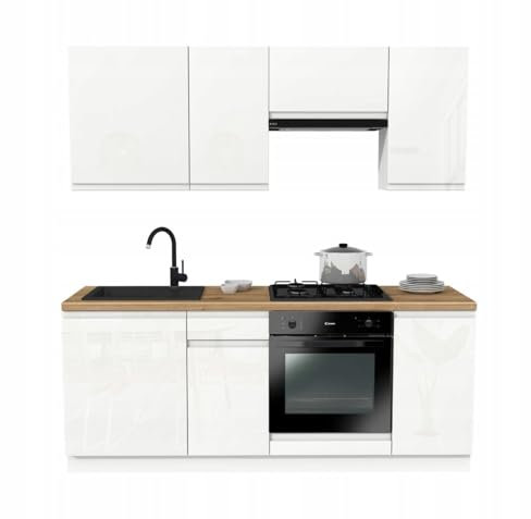 Laclar Küchenzeile 200 cm - Modulare Möbel für die Küche - inklusive Montagezubehör - mit Soft-Close-System - ohne Spülbecken Geräte - Lugo Weiß Acryl Glanz - Küchenarbeitsplatte Evoke Oak