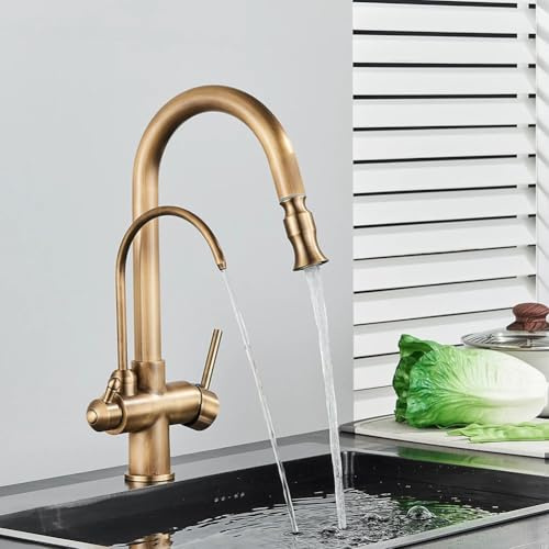 Trinkwasser 3-Wege-Filter Wasserhahn Küche - Küchenarmatur Mit Brause Ausziehbar, Retro Messing 2 Hebel Spültischarmatur Mischbatterie Für Osmoseanlage, 3 In 1 Armatur Küche Für Wasserfilter, Bronze