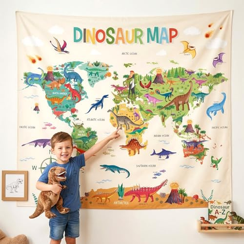 DECOWALL TP-012 Wandteppich mit Dinosaurier-Weltkarte, 150 x 130 cm Poster für Kinder pädagogisches Lernen Wandbehang für Schlafzimmer Wohnzimmer Kinderzimmer Wohnheim Heimdekoration Kunst Klassenzimm