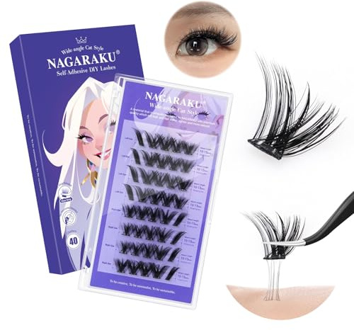 NAGARAKU Wide Cat Eyes Selbstklebende Wimperncluster 40 Fans C 10-15mm | Cat Eyes Look, Ein-Schritt-Anwendung Ohne Kleber & Entferner Wiederverwendbar Weich Dünnes Band Weiter Breitwinkel Effekt