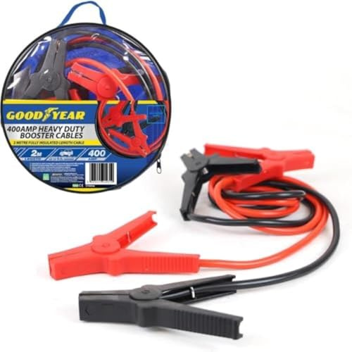 Goodyear Starthilfekabel, 2 m, 400 A, lange Starthilfekabel, leistungsstarke Spiralfederklemmen, farbcodierte Klemme, Tragetasche mit Reißverschluss, vollständig isoliertes Kabel, geeignet für Autos