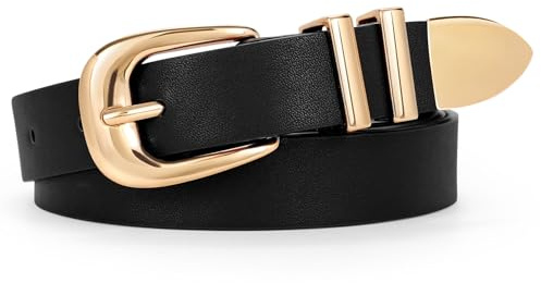 WERFORU Women Fashion Leather Waist Belt for Pants Jeans Ladies Western Thin Belt with Gold Buckle Black