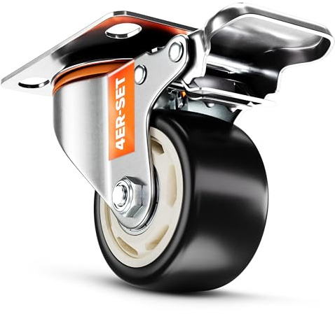 PEARWAY™ Schwerlastrollen 75mm - bis 500kg mit 4x Bremse - extra leise & langlebig - Möbelrollen mit Bremse - Rollen für Möbel & Schwerlast - Lenkrollen für Möbel & Outdoor - Laufrollen - Bockrollen