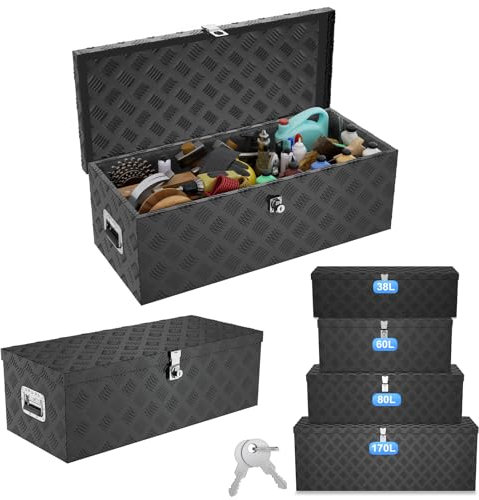 ACXIN Aufbewahrungsbox Alubox 762x330x244 mm, Aluminium Werkzeugkiste mit Schloss und 2 Schlüsseln, Robuste abschließbare Deichselbox für den Anhänger, stabil und wasserdicht (Schwarz)