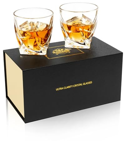 KANARS Old Fashioned Whiskey Glasses with Luxury Box - 10 Oz Twisted Liquor Tumblers for Scotch, Bourbon, and Cocktail Drinks - Set of 2 - Men Gift for Father's Day Housewarming Birthday