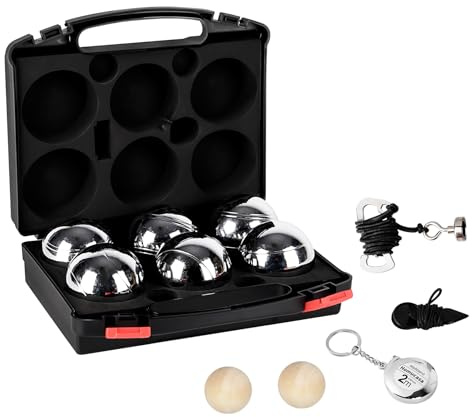 Boccia Kugeln 6er Set, Boule Kugeln Metall Petanque Set mit Aufbewahrungsbox, Abstandsmesser, Messband, Kugelmagnet, 2 Holz-Zielkugeln, Perfekt Boule Set für Outdoor- und Freizeitspiele (Serie B)