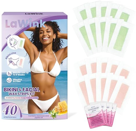 LaWink Facial Wax Strips for Women Bikini Wax Strips Kit 40pcs, Ready to Use Face Waxing Strips Hair Removal 4 Calming Oil Wipes Mouth waxing wax Depilatory tape for face Bikini Facial