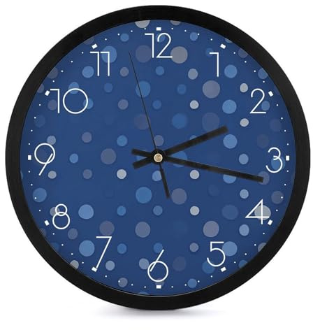 BVNMT Horloges murales rondes de 25,4 cm avec motif à pois bleu marine pour décoration d'intérieur, bureau, chambre à coucher