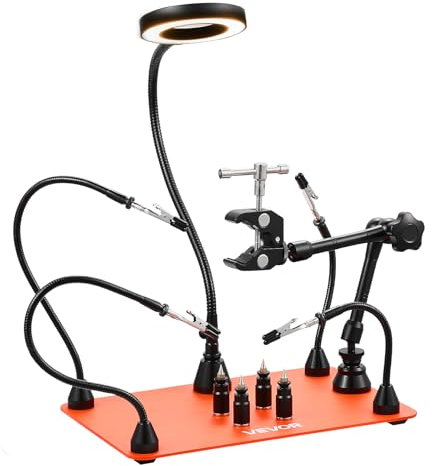 VEVOR Stazione di Saldatura Magnetica Terza Mano Strumento per Saldatura Lampada d'Ingrandimento a LED 3X, 4 Supporti per PCB Supporto per Pistola ad Aria Calda a 360°, Riparazioni Fai da te