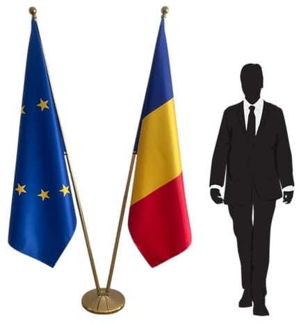 Set 2 banderas Rumania & Unión Europea con mástiles desmontables y base única – Presentación interior para oficinas, embajadas, escuelas, instituciones. Código CN8-EU-RO