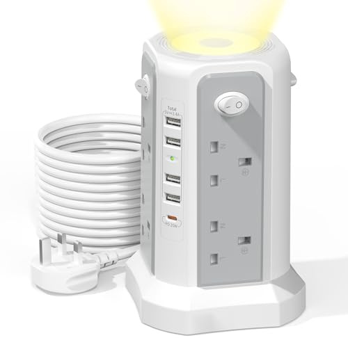 HAFINO Tower Extension Lead 3M with PD20W USB C and Night Light | 8 Way Plug Extension Tower Surge Protection with 4 Switches, Extension Cable (2A2C) for Home Office, Gray and White