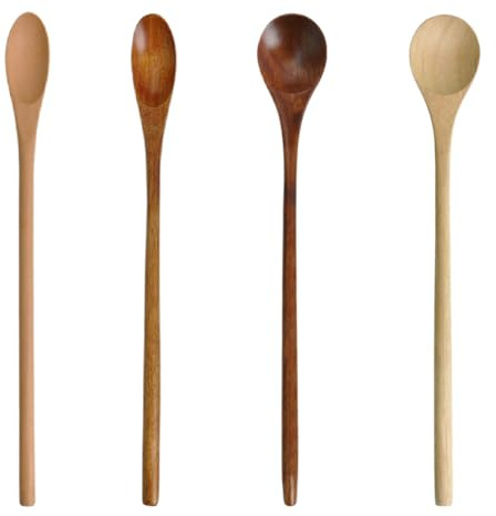 Lot de 4 Cuillères à Long Manche, Cuillères à Miel en Bois, Cuillères à Café Longues, pour Café, Miel, Thé, Soupes, Cuisine