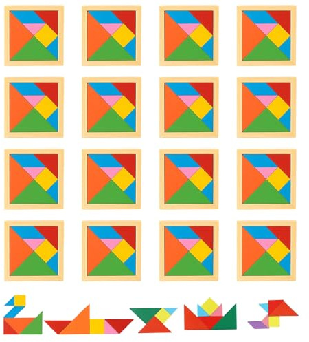 Tangram Geduldsspiel Kinder, 16 Stück Tangram Puzzle Set für Kinder, Montessori Lernspielzeug, Reisespiel und Kindergeburtstag Mitgebsel, 11.2 x 11.2 cm