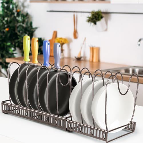 Willonin Range-casseroles Réglables, Rangement Couvercle Casserole Support en Acier Inoxydable Rangement Cuisine avec 10 Compartiments Convien pour Couvercle Poêles, Organiseur Casseroles (Bronze)