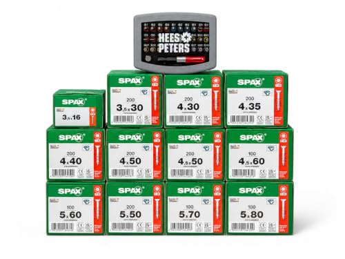 SPAX Schraubenset Heimwerker – 2100 T-Star Plus WIROX Schrauben T20/T30 – Teilgewinde – Größenmix 3,5x16 bis 5x80 mm – rostschutzbeschichtet – im praktischen Set mit exklusivem Bitset