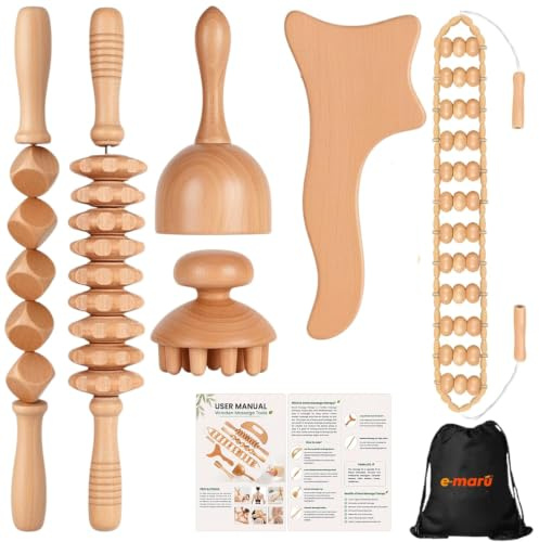 E-Marú 6 in 1 Wood Therapy Massage Tools Body Sculpting & Equipment Set, Lymphatic Drainage for Body Contouring Wooden Massage Roller Lymphatic Drainage Massager, Best Muscle Pain Relief Massager