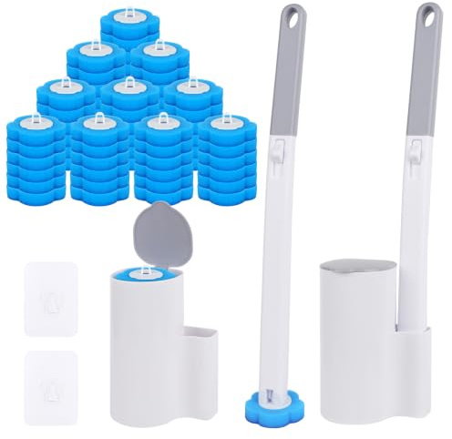 HIULLEN Set di 2 Scopino per WC Usa e Getta, Pulisci Water Usa e Getta, Scopino WC Monouso, Sistema di Pulizia del WC con 60 Ricariche Detergenti per Lavandino, Vasca da Bagno, Della