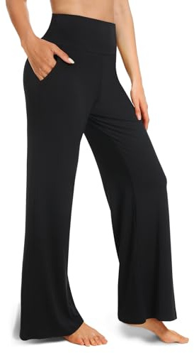 BLONGW Yoga Pants for Women Wide Leg Trousers UK–High Waist Work Casual Pants with Pockets, Black Womens Trousers, Straight Loose Leggings for Sports & Gym, Petite Fit,Holiday Wear（Samll）