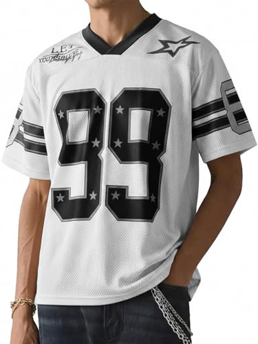 HAWILAND Men's Mesh Short Sleeve V Neck Jersey Tops Graphic Basketball Football Oversized Tee T Shirt White Small