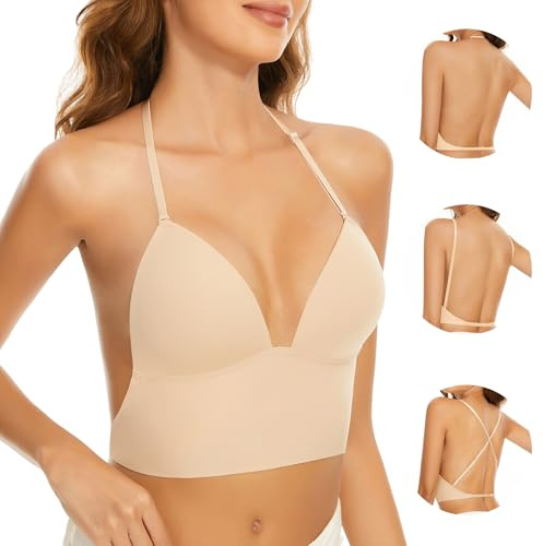 Low Back Bras for Women-Seamless Invisiable Backless Bras-Wireless Triangle Bralette Low Cut Open Back Multiway Halter Bra(Nude, 38C)