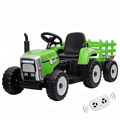 Garvee Elektrischer Traktor für Kinder mit Anhänger, Kinder Aufsitztraktor | 12V Elektro Traktor mit Fernbedienung, LED-Scheinwerfern, Musik, Kindertraktor für Jungen und Mädchen ab 3 Jahren, Grün