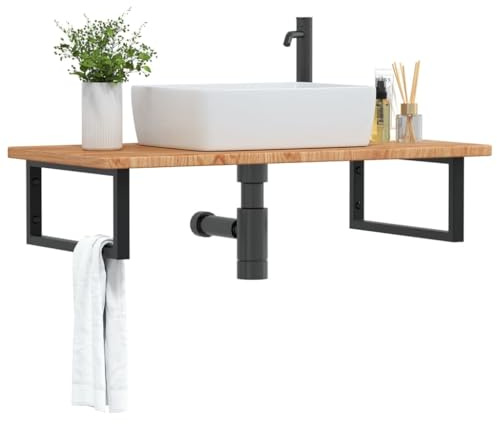 Ziaphsol Piano Lavabo con Supporto in Acciaio e Legno Massello Rovere, Mensola Sospeso Rettangolare 100x50x2,5 cm, Kit per Montaggio a Parete, 100 Kg