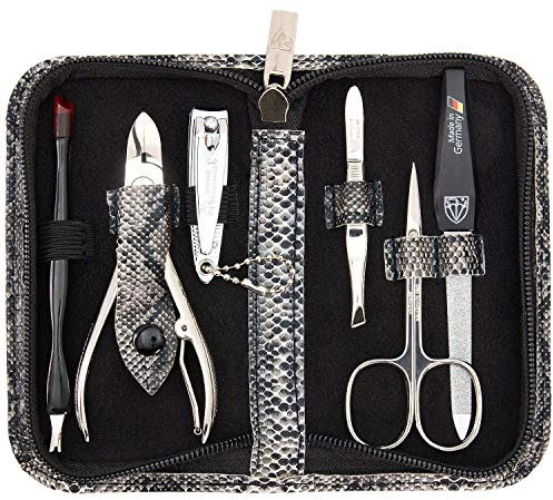 DREI SCHWERTER - Germany 6-tlg. Maniküreset 'Torino' | Set Nageletui aus Kunstleder Schlange Imitat | Inhalt: Hautschere, Nagelknipser, Nagelzange, Pinzette, Saphirnagelfeile, Nagelhautentferner