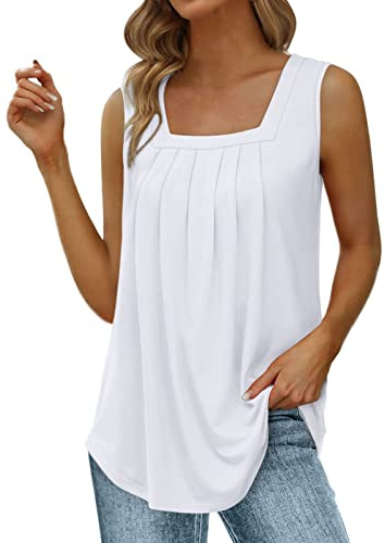 Débardeur Femme Chic Soirée Ete Col Carré Plissé Tee Shirt sans Manches Femme Gilet Pas Cher Blouse Chemise Femme Grande Taille T Shirt Femme Automne Fashion Mode Haut Top Casual (3XL, Blanc)