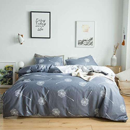YuHeGuoJi Gray Botanical Duvet Cover Queen 100% Cotton 3 Pcs Set 1 White Grey Floral Duvet Cover with Zipper Ties 2 Pillowcases Farmhouse Reversible Dandelion Flower Bedding Set Soft