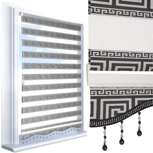 Brillant® Doppelrollo Zebra Rollos Klemmfix ohne Bohren Jalousien Duorollo Schwarz Silber Rankenmuster mit Perlen Kariert Motiv Raffrollo für Fenster Balkon Tür, Made in Germany 60 x 200 cm (B x L)