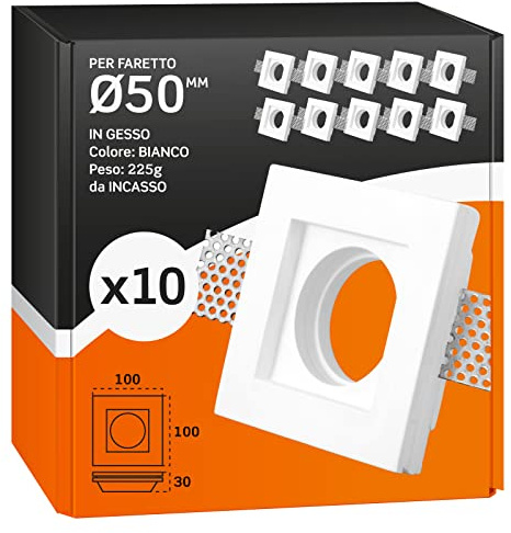10x Portafaretti in Gesso da Incasso Controsoffitti - Quadrato 100x25mm - per Faretti diam. 50mm GU10 GU5.3 colore bianco - portalampada GU10 inclusi