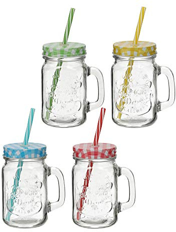 Cepewa Lot de 4 Verres à Boire avec Couvercle et Paille, 350 ml, en Verre