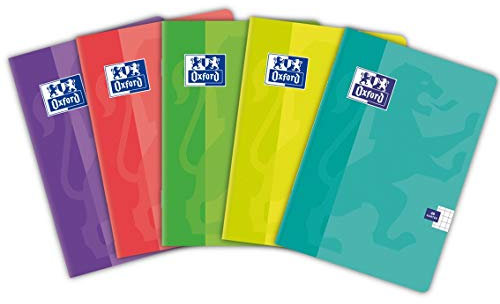 OXFORD Schulheft A6 Notizheft 48 karierte Blätter mit Seitenrand, Optik Paper 90 g, Polypropylen laminierter Umschlag, Kladde Notizblock Set für Büro & Schule, 5 Stück-Packung, Farbenmix