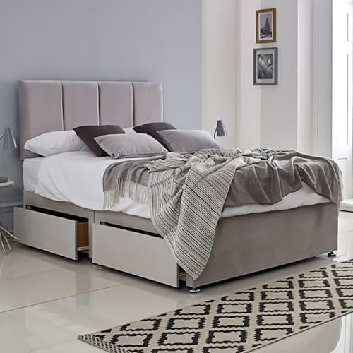 ComfoRest 4 Panel 4FT6 Double Divan Bed with Storage and Headboard, Silver | Made in Britain | 136.5 x 190.5cm | sturdy bed base | suitable for any UK 4ft6 mattress | upholstered plush fabric