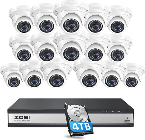 ZOSI 4K POE Security CCTV Camera System, 16 x 5MP Outdoor PoE CCTV Cameras | IP66 Weatherproof Wired PoE Camera, 16 Channel H.265+ 8MP CCTV PoE NVR with 4TB HDD, 80ft IR Night Vision, Motion Detection