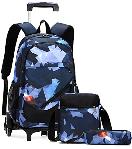 DROFOSREW Sac à Dos à Roulettes Chariot Cartable à Roulette Sac d'école Primaire Sac à Dos Garçons Filles Aller à l'école Trolley Scolaire Sacs à Dos Roulant (Bleu Géométrique)