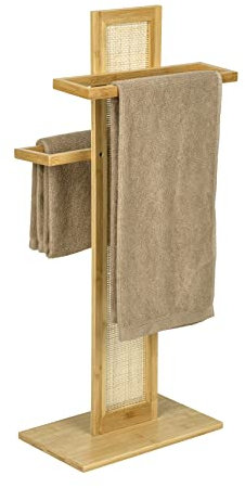 WENKO Handtuchständer Allegre, dekorativer Handtuchhalter aus hochwertigem Bambus und Rattan-Geflecht im trendigen Boho-Style, 2 Arme zum Aufhängen von Handtüchern oder Kleidung, 37 x 88 x 22 cm