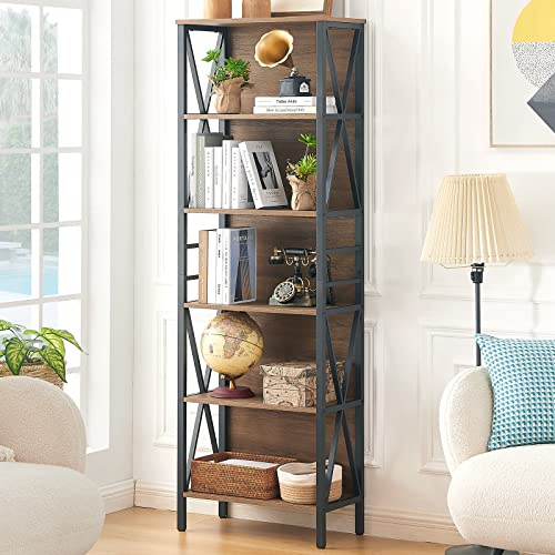 HOMISSUE Tall Bookshelf, 6-Tier Book Shelf, Rustic Wood Metal Bookshelves and Bookcases, Freestanding and Industrial Open Bookcase for Home Office, Living Room and Bedroom, Vintage Brown