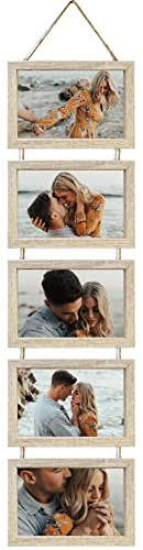 Ichigo Ichie Portafotos Múltiple Decorativo, Marcos de Fotos de Madera con Cuerda para Colgar en la Pared para 5 Fotos de 10x15cm, Madera