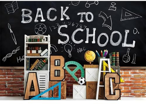 YongFoto 3x2,5m Zurück zur Schule Hintergrund Tafel Ziegelwand Stationär Bücherregal Globe Fotografie-Hintergrund für Kindergarten Vorschule Erster Schultag Kinder Porträt Fotoshooting Requisiten