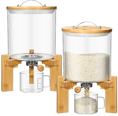 Zhehao 2 Pcs 5L Glass Rice Dispenser Rice Storage Container Flour Cereal Dispenser Container Holder with Wooden Stand Airtight Bamboo Lid and Measuring Cup for Pantry Sugar Coffee Beans Kitchen Food